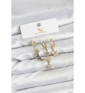 Pirinç Gold Renk Zirkon Taşlı Ay ve Yıldız Model YSX Trio Küpe Seti 5886