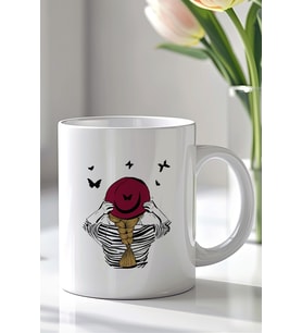 Şapkalı Kız ve Kelebek Desenli 330ml Baskılı Beyaz Seramik Kupa Bardak