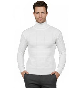 DeepSEA Erkek Beyaz Kare Desenli Balıkçı Yaka Slim Fit Boğazlı Triko Kazak 2505493