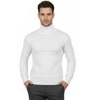 DeepSEA Erkek Beyaz Kare Desenli Balıkçı Yaka Slim Fit Boğazlı Triko Kazak 2505493