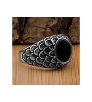 Siyah Oniks Taşlı Desenli 925 Ayar Gümüş Yüzük