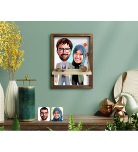 BK Gift Kişiye Özel Sevgililer Karikatürlü Doğal Masif Ahşap Çerçeveli Tablo Duvar Rafı-60