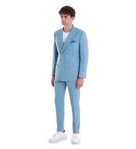 Mavi Slim Fit Çizgili Kruvaze Takım Elbise