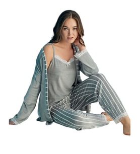 Kadın Fransız Kadife Sabahlıklı Dantel Detaylı Pijama Takımı (Üçlü Set) (Gri - Buz) (Gri-Buz)