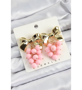 Pirinç Sallantılı Pembe Boncuklu Fiyonk Vintage Model Gold Renk Kadın Küpe (Altın)