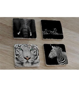 Siyah Beyaz Fil At Kaplan Zebra Doğal Taş Bardak Altlığı 4'lü set - Natural Stone Coasters