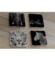 Siyah Beyaz Fil At Kaplan Zebra Doğal Taş Bardak Altlığı 4'lü set - Natural Stone Coasters