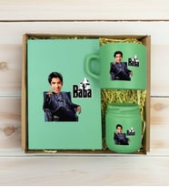 BK Gift Kişiye Özel DTF The Baba Karikatürlü Yeşil Defter & Kahve Fincanı & Mum Hediye Seti-1, Babaya Hediye, Babalar Günü Hediyeleri