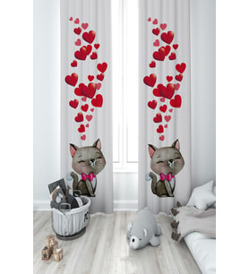 MEKTA HOME BEBEK VE ÇOCUK ODASI Kedi ve Kalp Desenli 2 Kanat Fon Perde