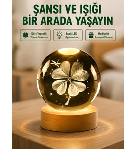 Yonca Figürlü Cam Küre USB Işıklı Ahşap Tabanlı Dekoratif Masa Lambası