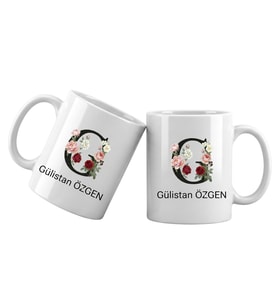 G Harfli Kişiye Özel İsimli Porselen Kupa Bardak – Çiçekli Monogram Harf Tasarımlı İsim Yazılı Kişiselleştirilebilir Hediye Kupa (Beyaz)