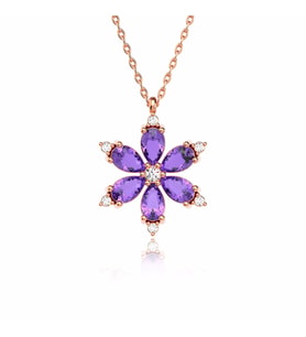 Ametist Taşlı Lotus Çiçeği Rose Gümüş Kolye