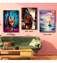tranvay kadeh şarap denizdeki yelkenli 3 adet 35cmx50cm kumaş baskılı canvas tablo