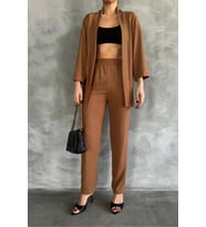 Nare Camel Bürümcük Kumaş Kadın Alt Üst Takım (Camel Rengi)