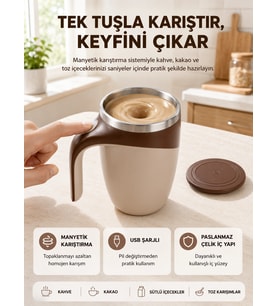 Manyetik Karıştırıcı Kupa Usb Şarjlı Otomatik Karıştırma Çift Katmanlı