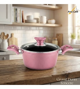 ARZU ÇELİK 20 Cm Granit Derin Tencere Cam Kapak - Mürdüm