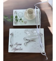 Adore Gümüş Beyaz İncili Söz Tepsisi Nişan Tepsisi ve Damat Kahve Fincan Tepsisi (Bordo)