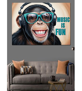 Kulaklıklı Eğlenen Maymun Portresi "Music İs Fun" Dekoratif Kanvas - Mdf Ahşap Tablo