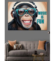 Kulaklıklı Eğlenen Maymun Portresi "Music İs Fun" Dekoratif Kanvas - Mdf Ahşap Tablo