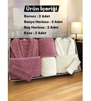 Bella Home 8 Parça Hasır Aile Bornoz Seti - Çeyiz Seti - %100 Pamuk - Orijinal Lüks Kutu (Ekru-Pembe)