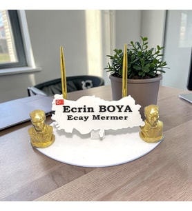 Sümen Ofis Doğal Beyaz Mermer İsimlik Haritalı Gold Çift Kalem ve Çift Atatürk Biblosu