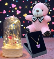 Tasarım Kelebek Kolye, Peluş Anahtarlık ve Led Işıklı Fanus Hediye Seti (Model 2)