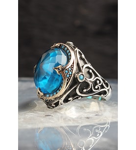 Blue Topaz Taşlı 925 Ayar Erkek Gümüş Yüzük