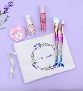 Kişiye Özel Baskılı Ham Bez El Çantası & 2'li Makyaj Fırçası & Pastel Dolgunlaştırıcı Dudak Parlatıcısı & Pastel Oje & Desenli Ayna Hediye Seti