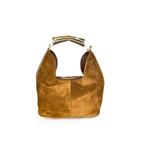 Süet Hobo Çanta, Kahverengi Deri Detaylı, Leopar Desenli Astar, Metal Saplı (Kahverengi)