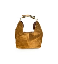 Süet Hobo Çanta, Kahverengi Deri Detaylı, Leopar Desenli Astar, Metal Saplı (Kahverengi)