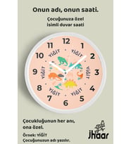 İsme Özel Renkli Dinozor Desenli Çocuk Odası Duvar Saati Orta Boy 30 cm Beyaz Camlı Sessiz