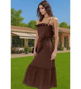 Maxi Dokuma Pamuklu A line Plaj Elbisesi Volanlı Detay Yazlık Mükemmel Uyum Modern Stil (Kahverengi)