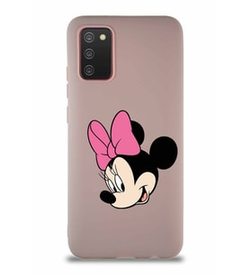 Samsung Galaxy A02S Soft Premier Kapak Minnie Mouse-B Tasarımlı Silikon Kılıf - Pudra (Şeffaf)