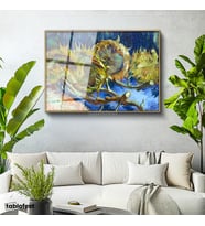 Altın Renk Metal Çerçeveli Tamperli Cam Tablo Vincent van Gogh Kurumuş Ayçiçekleri Mavi Zemin Ressam Tablosu Dekoru