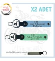 Abinize Özel İsim Plaka ve B Rh (+) Kan Grubu Yazılı Kişiselleştirilmiş x2 Anahtarlık, Yeşil-Mavi-Gr