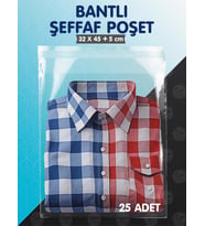Bantlı Şeffaf Poşet (32x45+5 cm)  25 Adet Parlak Jelatin Paket Gömlek T-shirt Poşeti  Hediye Poşeti -T1026