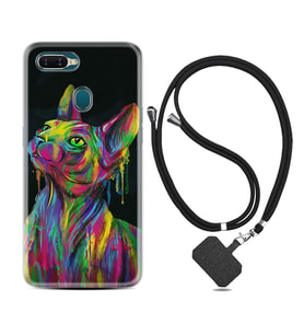Oppo A5S A15 A16 A54 A55 A73 A74 Kılıf Boyun Askılı Silikon Color Cat 1754