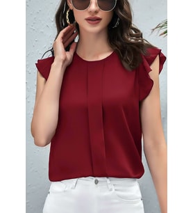 Yuvarlak Yaka Fırfırlı Kısa Kol Önü Bloklu Rahat Kesim Düğme Kapamalı Cool ve Şı (Bordo)