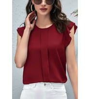 Yuvarlak Yaka Fırfırlı Kısa Kol Önü Bloklu Rahat Kesim Düğme Kapamalı Cool ve Şı (Bordo)