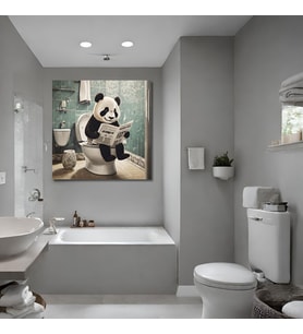 Tekli Kare Kanvas Banyo Tablosu Gazete Okuyan Panda