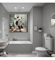 Tekli Kare Kanvas Banyo Tablosu Gazete Okuyan Panda
