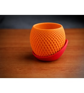 3D Baskı Küre Saksı - Kafes Dokulu İki Parçalı Dekoratif Saksı - Turuncu-Kırmızı