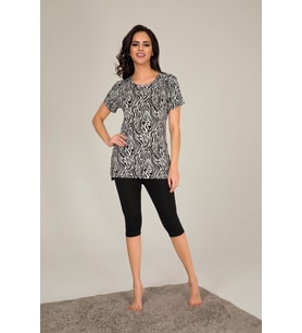 Kadın Siyah Renkli Zebra Desenli Tunik Ve Taytlı Pijama Slmky02