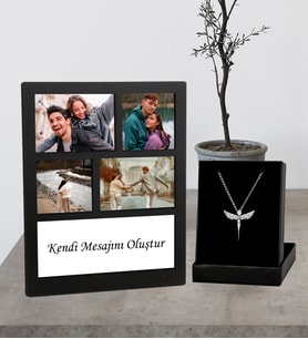 Kişiye Özel 4 Fotoğraflı Kolaj Ahşap Çerçeve Ve Melek Kolye