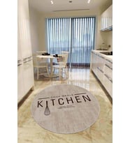 Bej Kaymaz Taban Kitchen Yazılı Yuvarlak Mutfak Halısı AR801