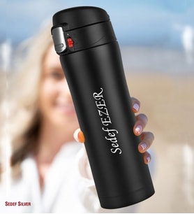 Kişiye Özel İsim Yazılabilir Hediyelik İsimli 400 mL Paslanmaz Çelik Termos Bardak Mug Kahve Çay Kilitli Kapak Thermos Matara (Siyah)