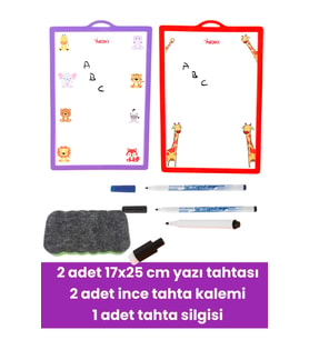 İki adet 17x25 cm yazı tahtası, ince tahta kalem ve silgi seti