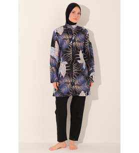 Alfasa Soft Yaprak Desenli Tesettür Mayo - ALF26249 (Siyah)