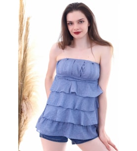 3022 Straplez eteği fırfırlı elbise INDIGO (İndigo)