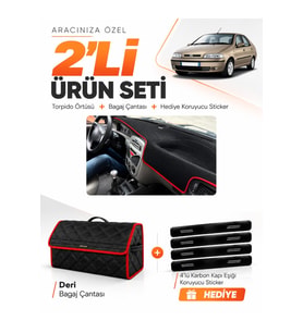 FIAT SİENA (1999-2005) Uyumlu Torpido Örtüsü + Deri Bagaj Çantası + Sticker Seti - Siyah Kırmızı